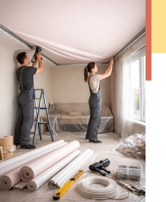 Монтаж цветного натяжного потолка в Горно-Алтайске от 4355 руб/м² — быстро и недорого | ОТДЕЛОЧНИК-Грн